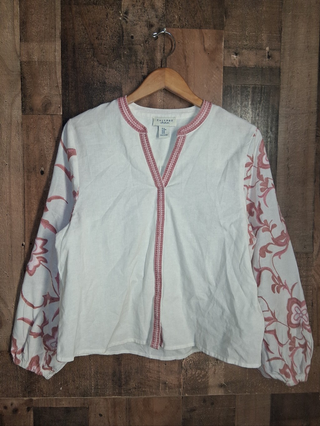 Calypso St. Barth Cotton Flax White Blouse With Pink Floral Embroidery Medium